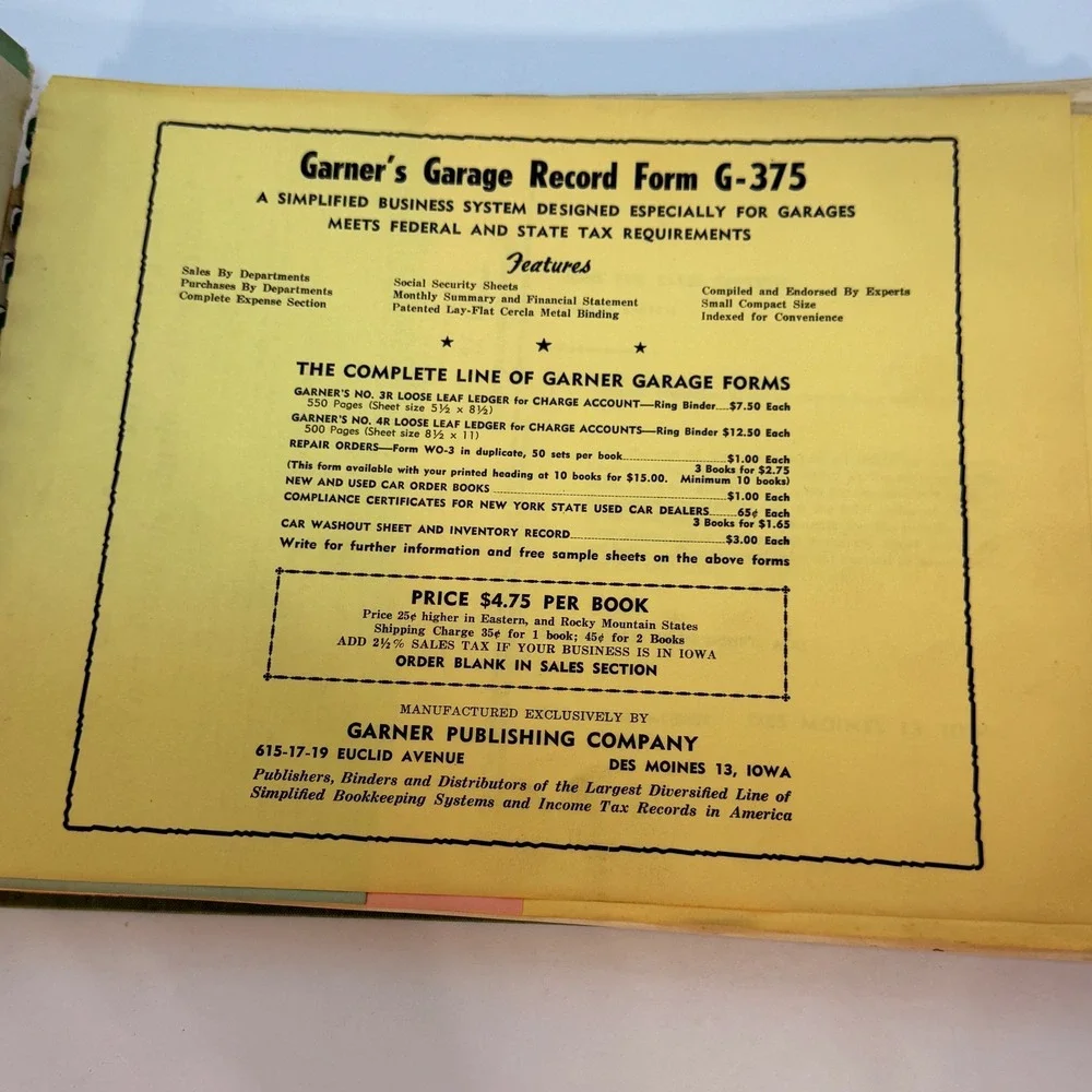 Vintage Garners Garage System G-375 Record Book Ledger Automotive Green Iowa - Picture 4 of 7